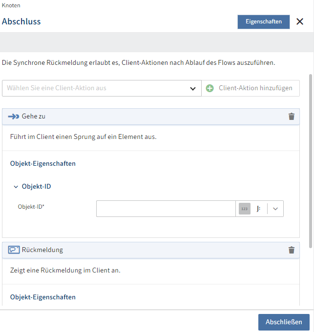 Knotenkonfiguration des Abschlussknotens mit Client-Aktionen