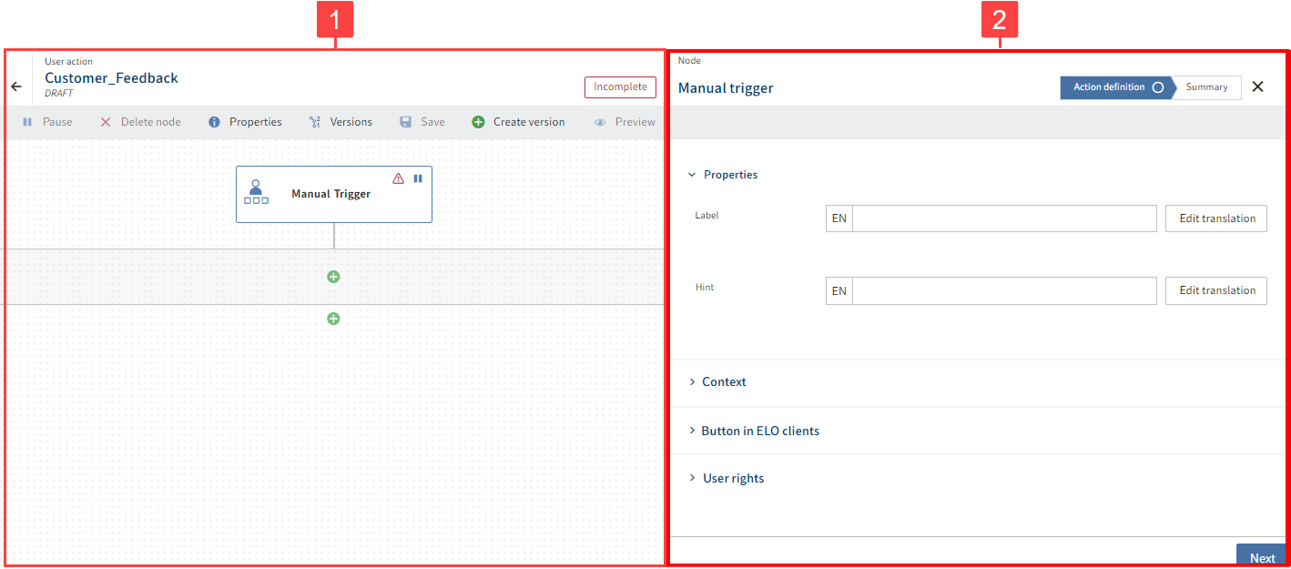 Flow designer with the configuration area open