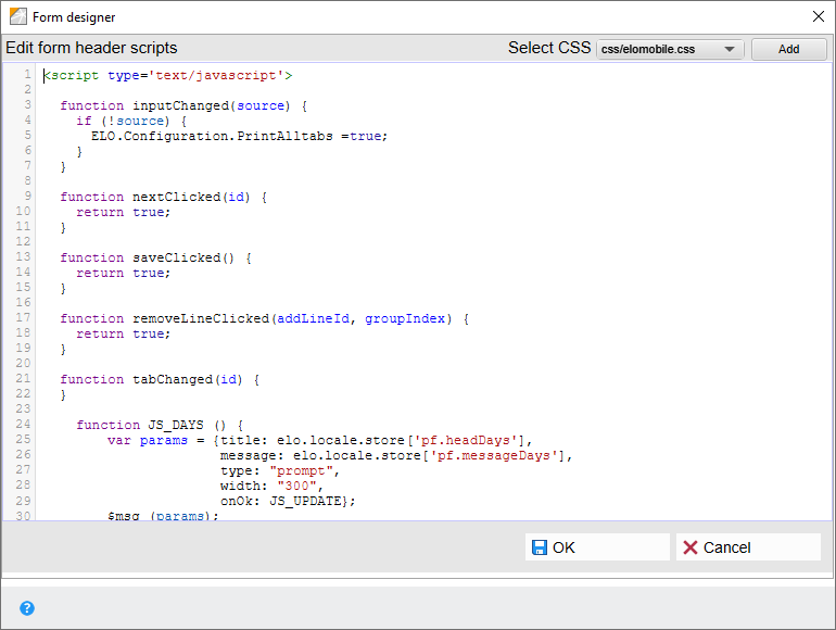 'Edit form header scripts' component