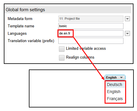 Example settings in the 'Languages' field