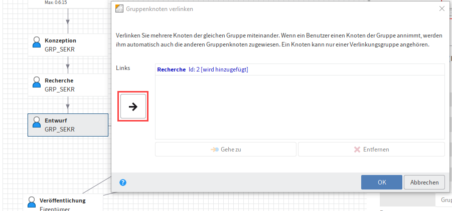 Dialog 'Gruppenknoten verlinken'; Button 'Ausgewählte Gruppenknoten miteinander verlinken'