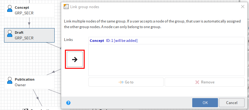 'Link group nodes' dialog box; 'Link selected group nodes' button