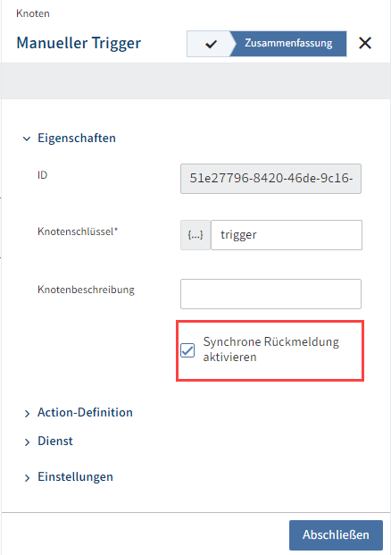 Checkbox 'Synchrone Rückmeldung aktivieren' in Step 'Zusammenfassung' des manuellen Triggers