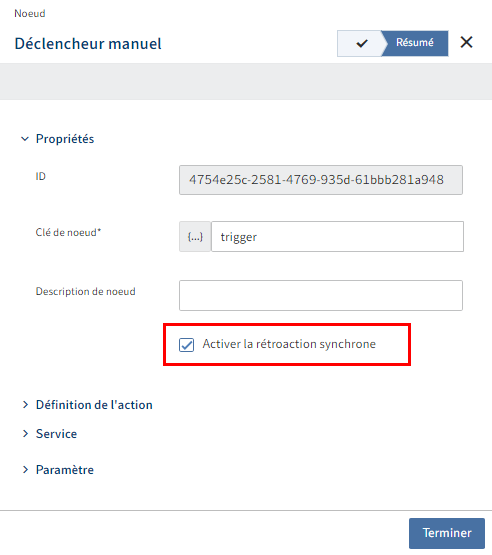 Case à cocher 'Activer le message synchrone' dans l'étape 'Résumé' du déclencheur manuel