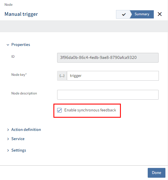 'Enable synchronous feedback' check box in the 'Summary' step of the manual trigger