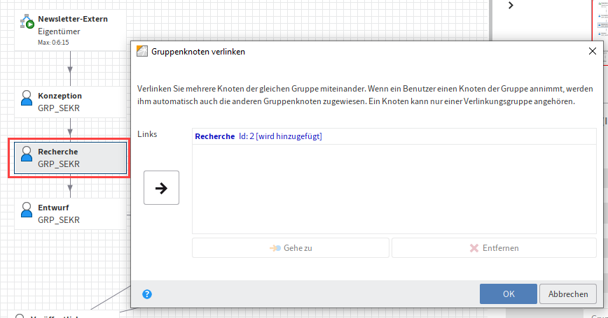 Ausgewählter Knoten; parallel geöffnet der Dialog 'Gruppenknoten verlinken'