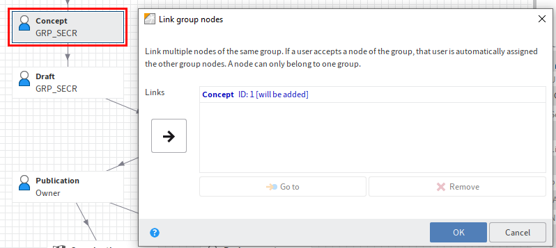 Selected node; 'Link group nodes' dialog box also open