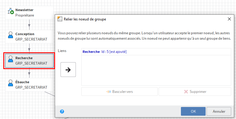 Noeud sélectionné; dialogue 'Relier les noeuds de groupe' ouvert en parallèle