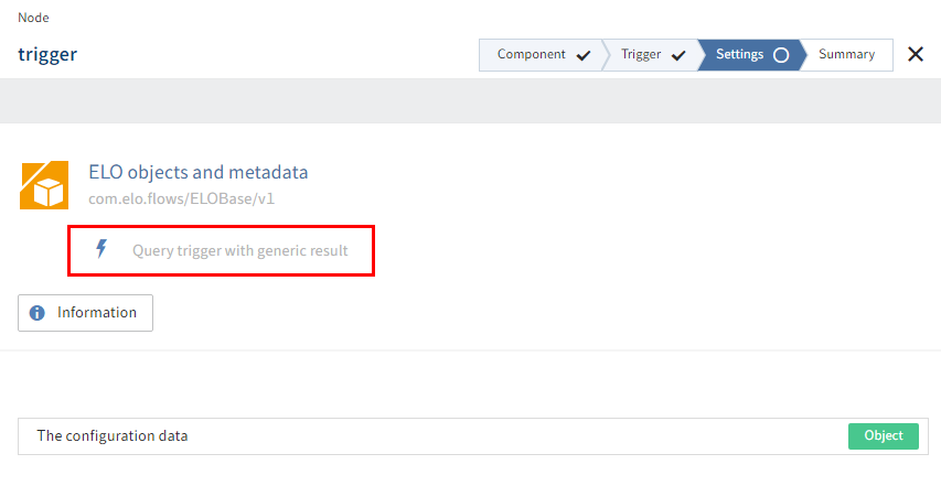 'Query trigger with generic result' on the 'Settings' tab