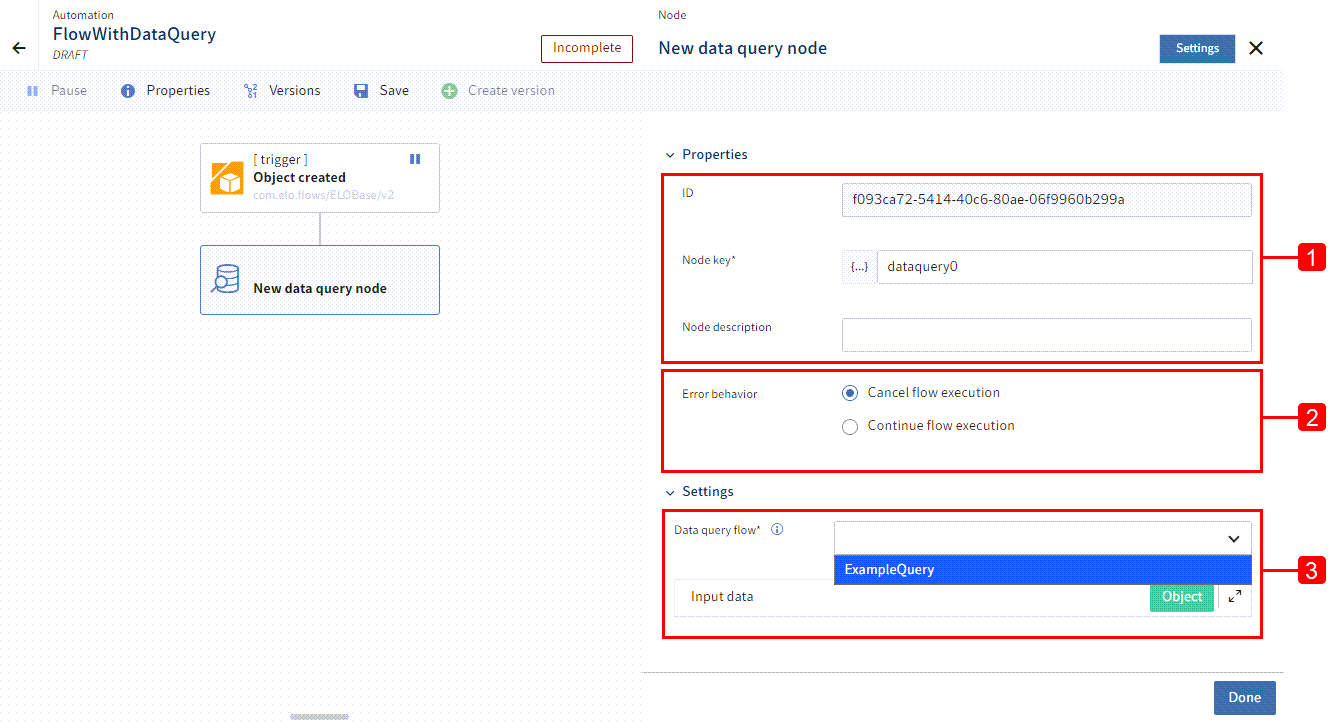 Configuration of new data query node with option to select a data query flow