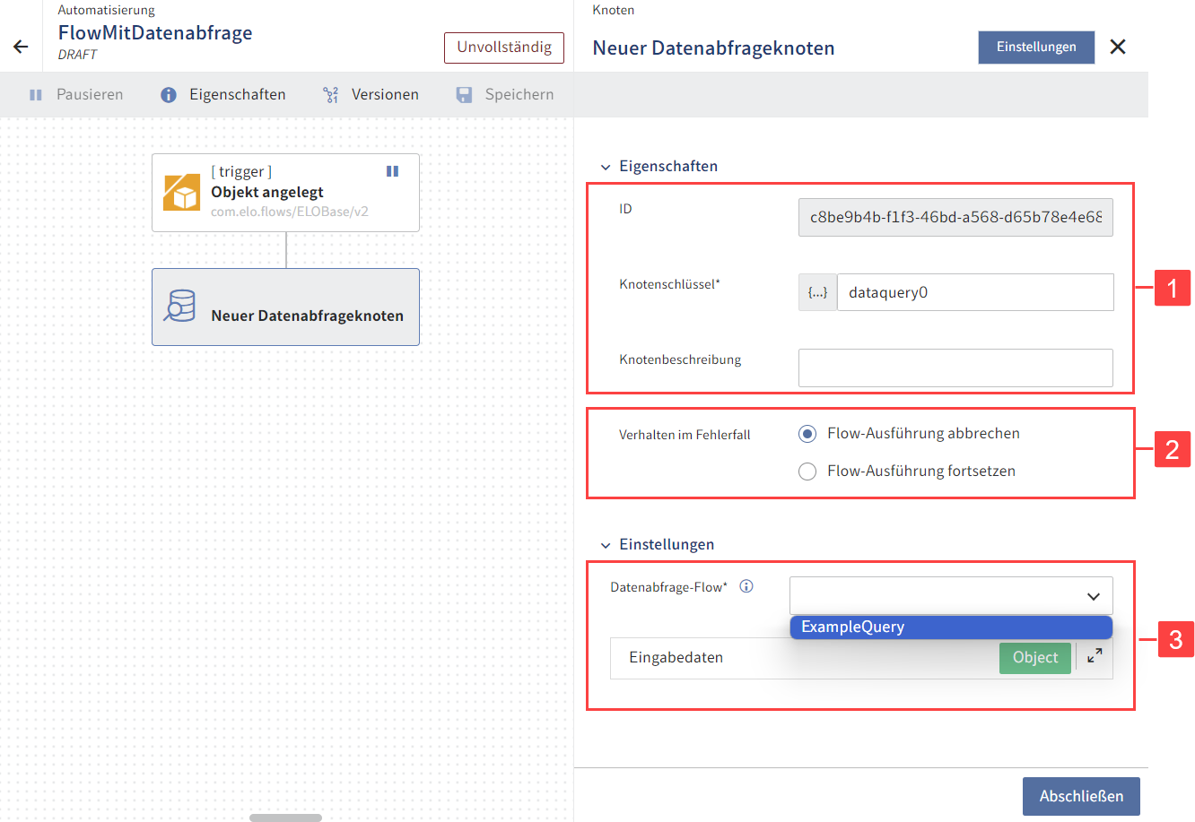 Konfigurationsbereich des neuen Datenabfrageknotens mit Auswahlmöglichkeit eines Datenabfrage-Flows