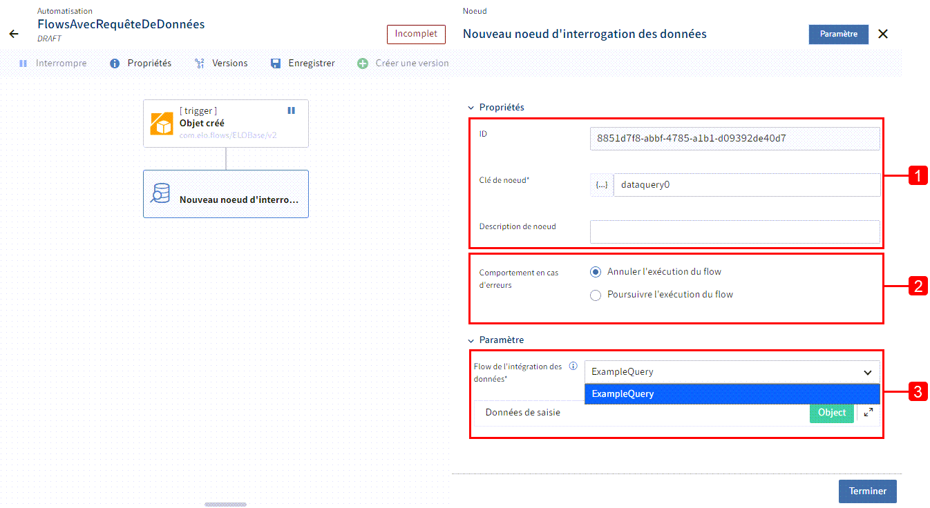 Section de configuration du nouveau noeud de requête de données avec possibilité de sélection d'un flow de requête de données.