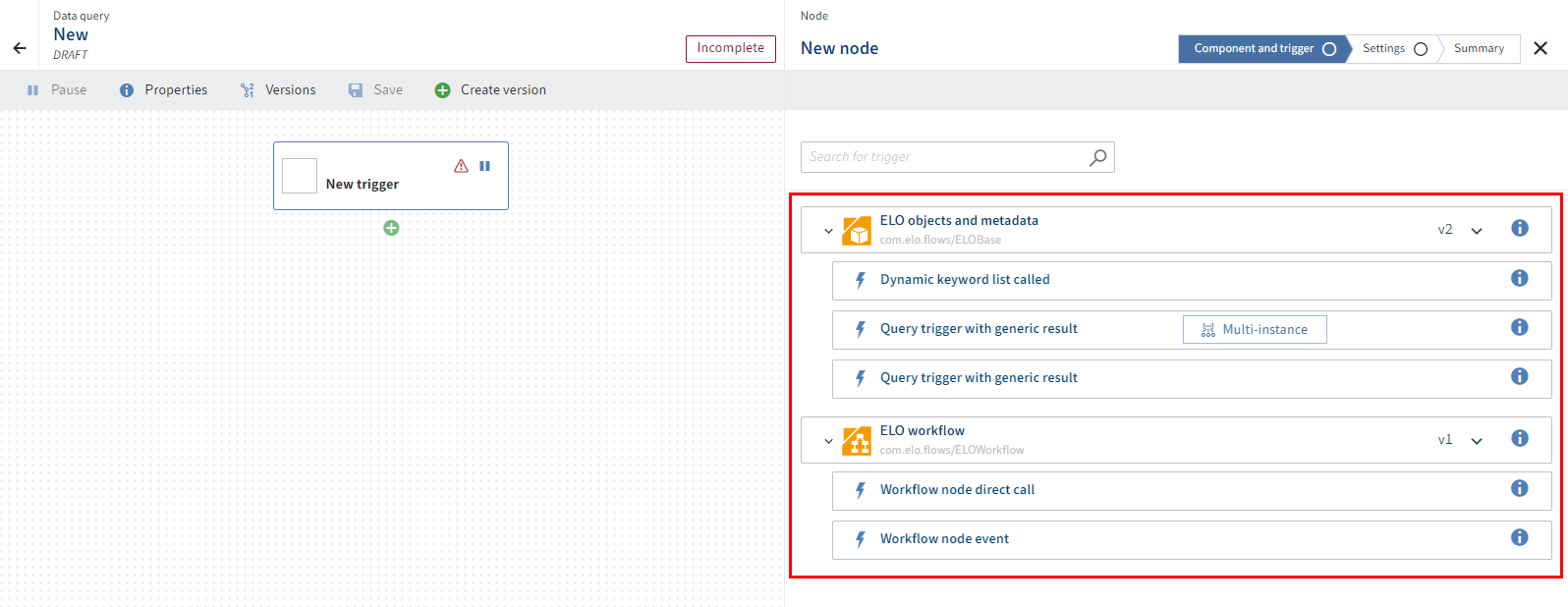 Components with triggers for the data query