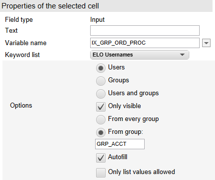 Example settings for an 'ELO Usernames' type keyword list; the option 'User' is selected