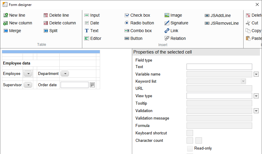 Form designer; sample 'customer' template