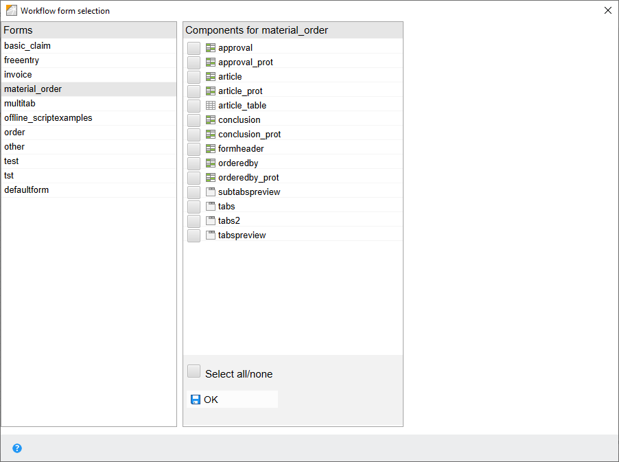 'Workflow form selection' dialog box; templates of the selected form