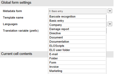 Drop-down menu for selecting a metadata form