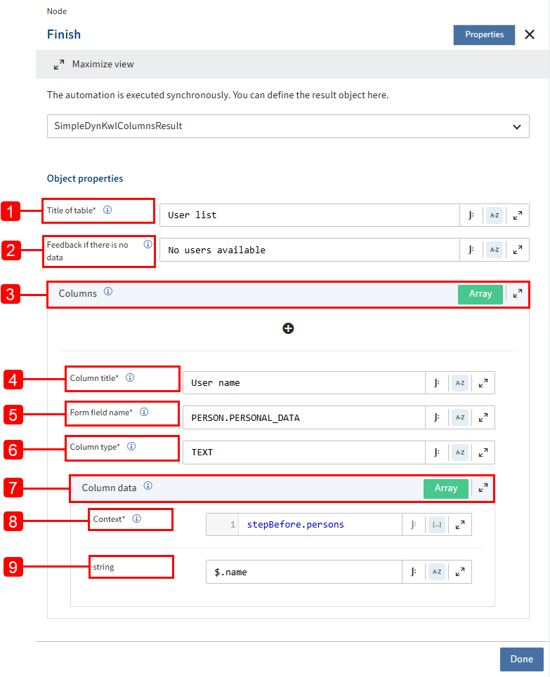 SimpleDynKwlColumnsResult: Configuration options for the result object