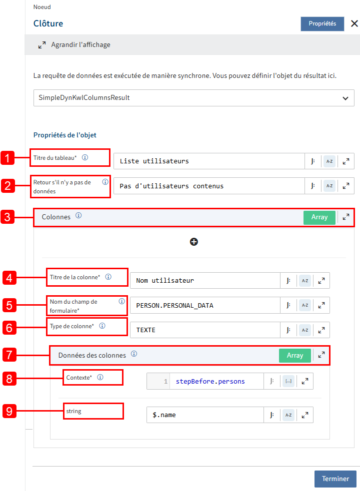 SimpleDynKwlColumnsResult : possibilités de configuration de l'objet de résultat 