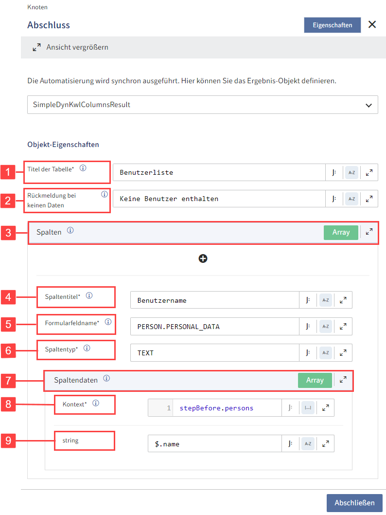 SimpleDynKwlColumnsResult: Konfigurationsmöglichkeiten des Ergebnis-Objekts