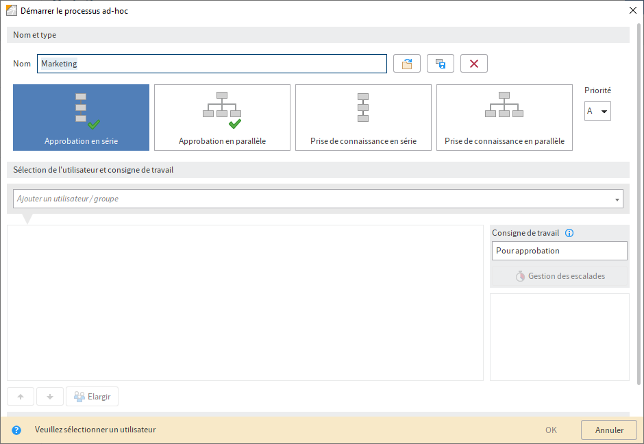 Dialogue 'Démarrer le processus ad hoc'