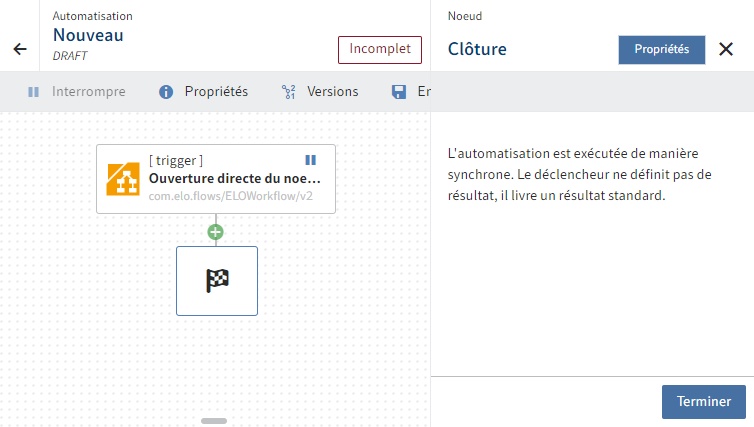 Exemple de configuration du nœud de clôture du déclencheur automatique 'Appel direct du nœud de workflow'.