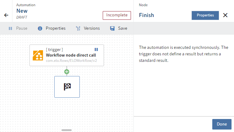 Example of a node configuration for the end node of the 'Workflow node direct call' automatic trigger