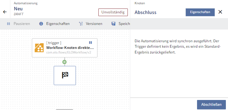 Beispielhafte Knotenkonfiguration des Abschlussknotens des automatischen Triggers 'Workflow-Knoten direkter Aufruf'