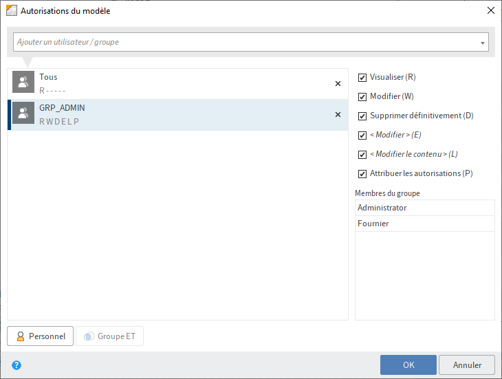 Dialogue 'Autorisations du modèle'