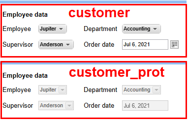 The original template and the template with read-only fields compared