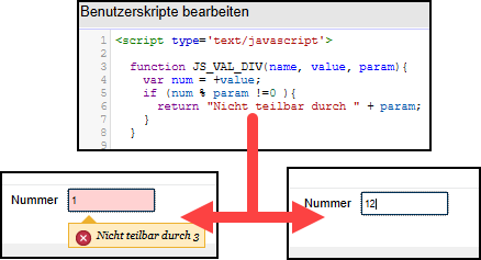 Selbst definierte Validierungsfunktionen im Baustein 'Benutzerskripte bearbeiten' und im Einsatz im Formular