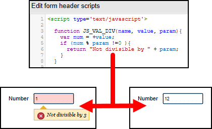 Custom validation functions in the 'Edit form header scripts' component and in use in the form