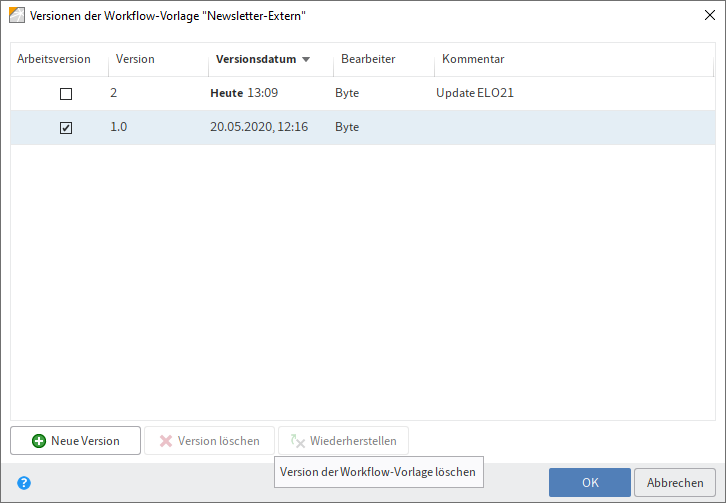 Dialog 'Versionen der Workflow-Vorlage'