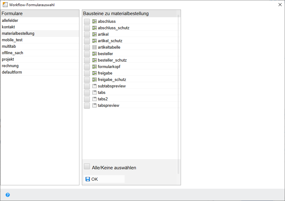 Dialog 'Workflow-Formularauswahl'