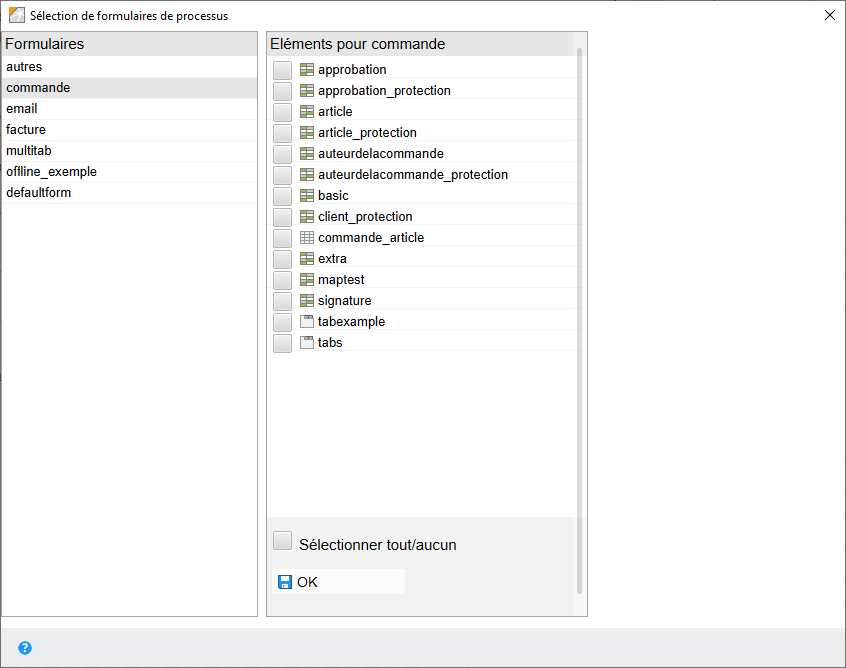 Dialogue 'Sélection de formulaire de processus'