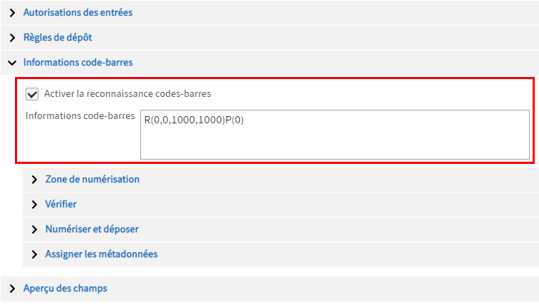 Champ d'entrée 'Info codes-barres'