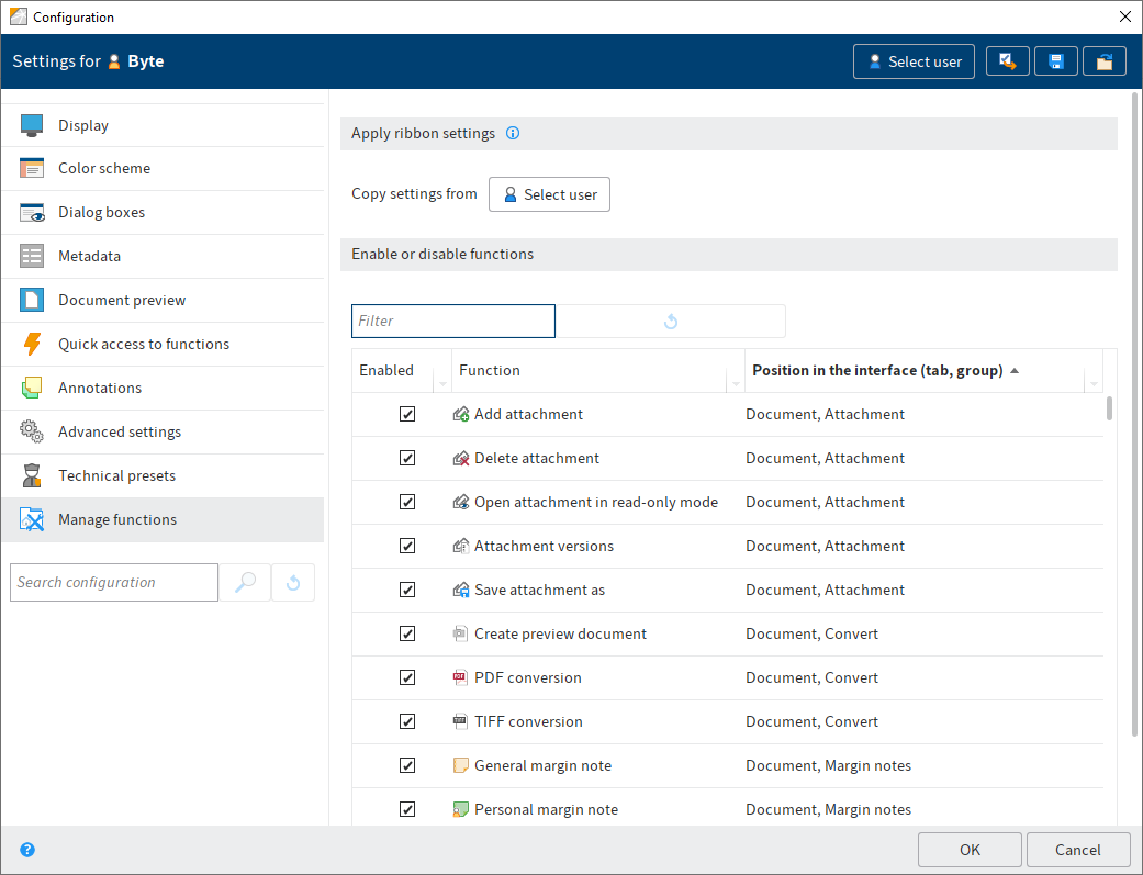 'Configuration' dialog box – 'Manage functions'