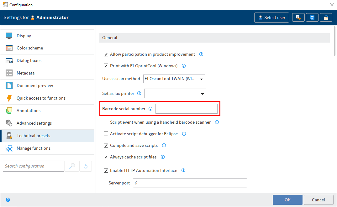 Entering the serial number in the ELO Java Client