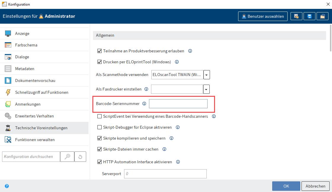 Eingabe der Seriennummer im ELO Java Client