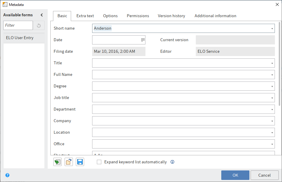 Metadata for an ELO user folder