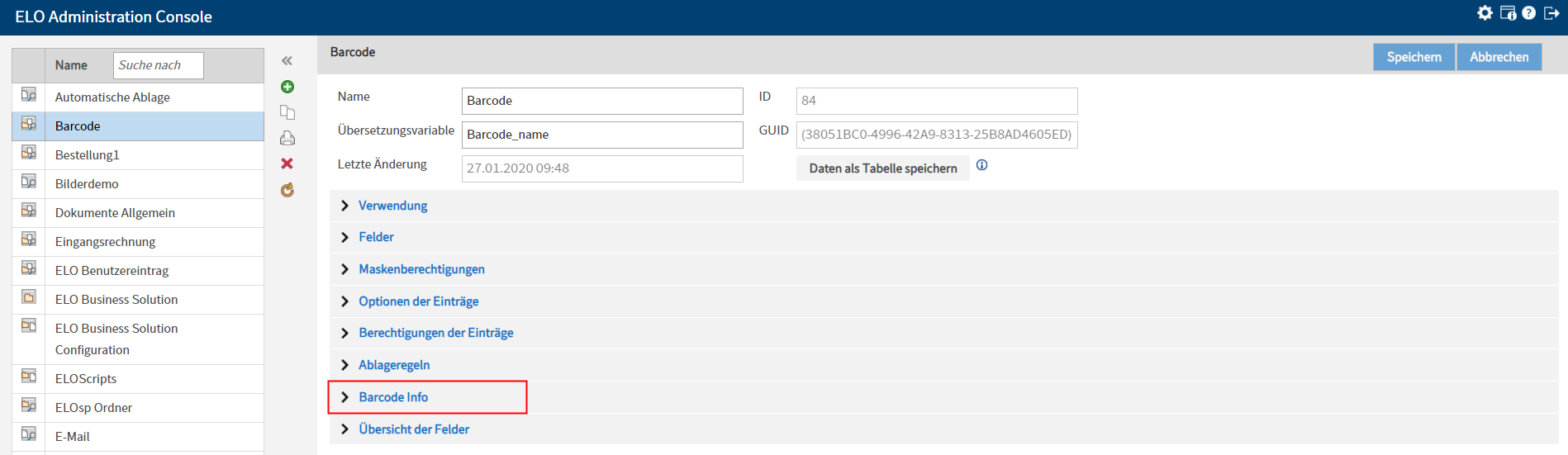 Bereich 'Masken und Felder' in der ELO Administration Console