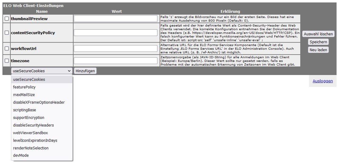 ELO Web Client-Einstellungen mit unterschiedlichen Optionen