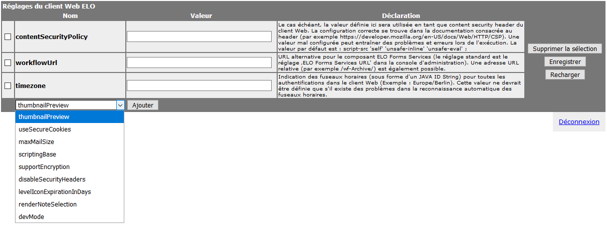 Réglages du client Web ELO avec différentes options