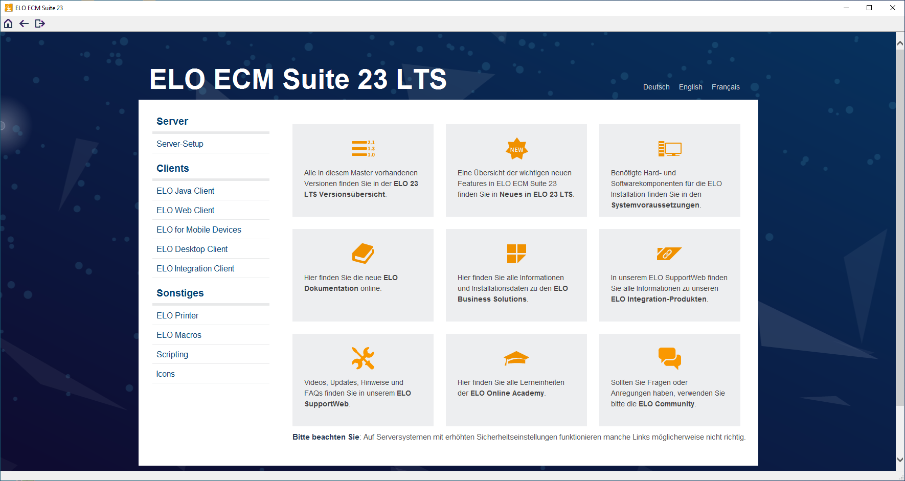 Startseite der ELO ECM Suite-DVD mit Modulliste und Kacheln