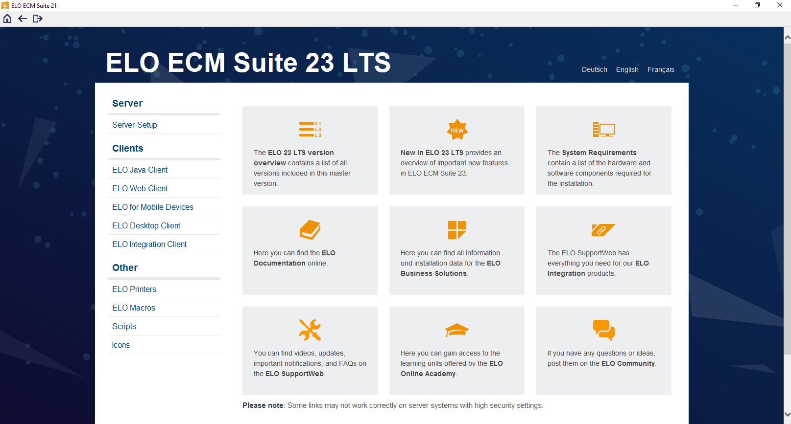 Start page of the ELO ECM Suite DVD with module list and tiles