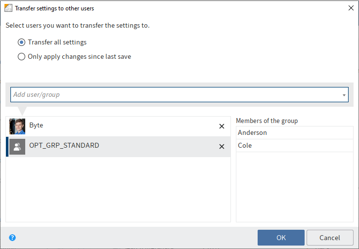 'Transfer settings to other users' dialog box