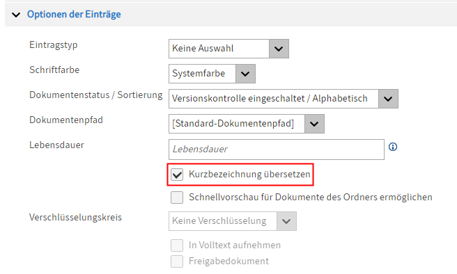 Option 'Kurzbezeichnung übersetzen'