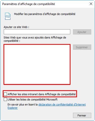 Dialogue 'Réglages de l'affichage de compatibilité'