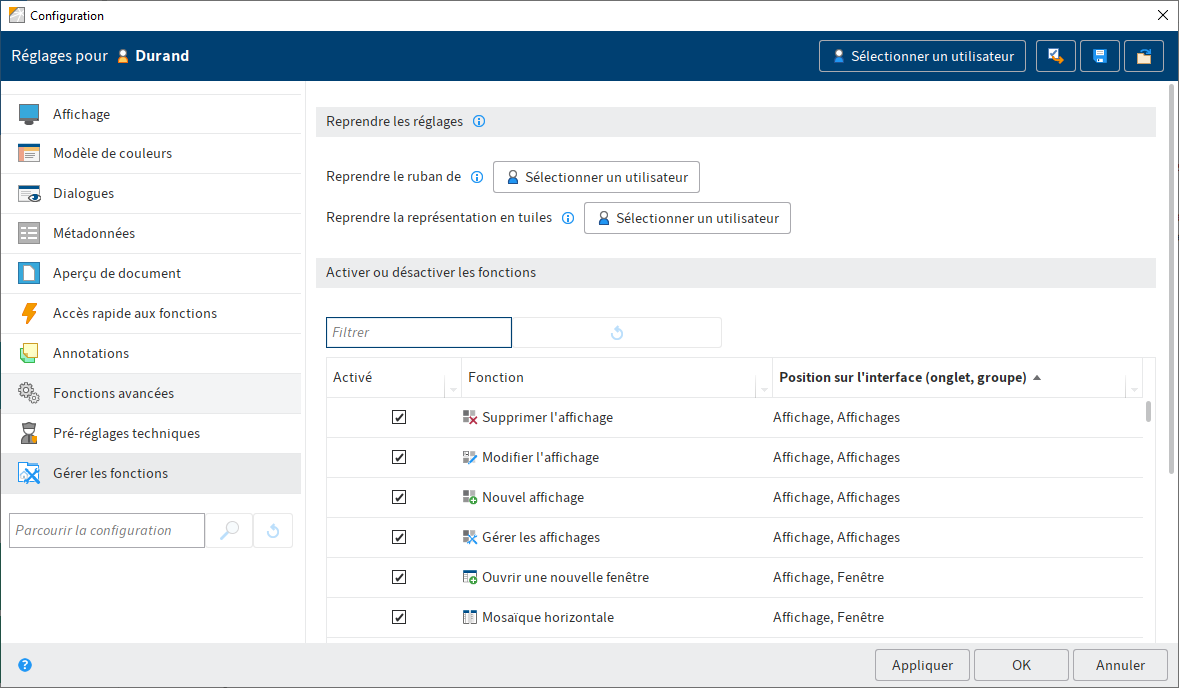 Dialogue 'Configuration – Gérer les fonctions'