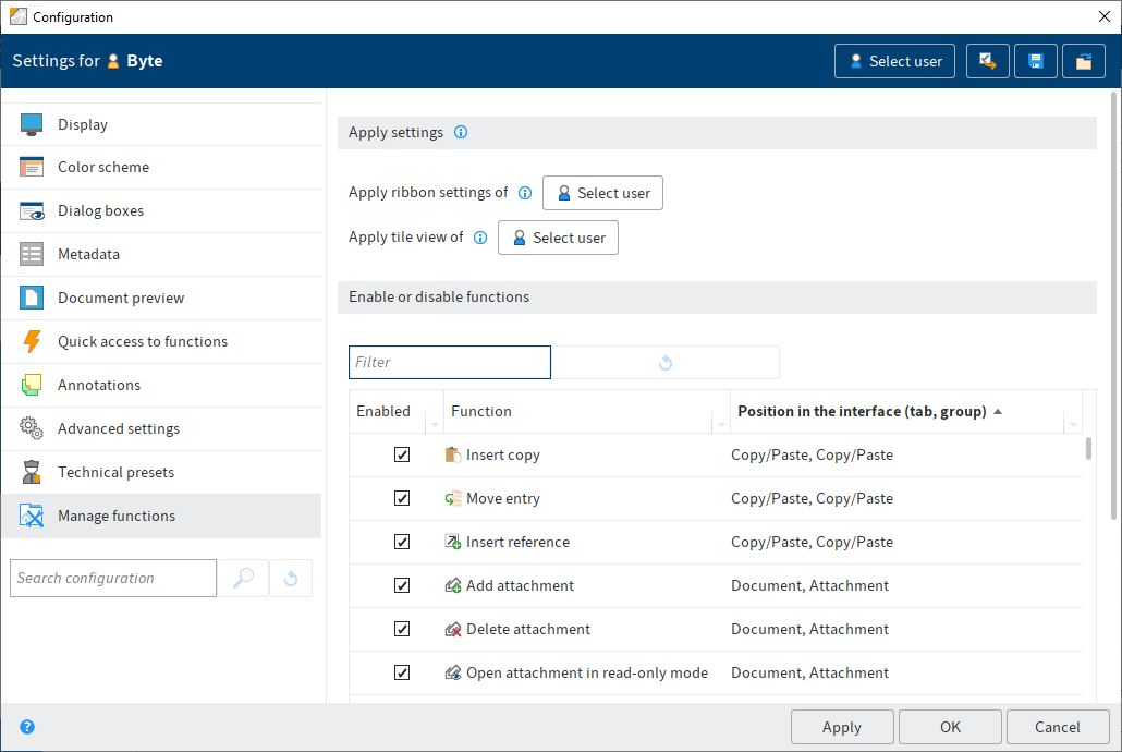 'Configuration' dialog box – 'Manage functions'